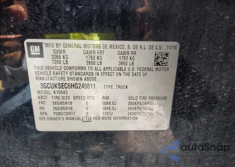 2017 Chevrolet Silverado 1500 2Lz z USA, uszkodzony, nr VIN 3GCUKSEC6HG249811